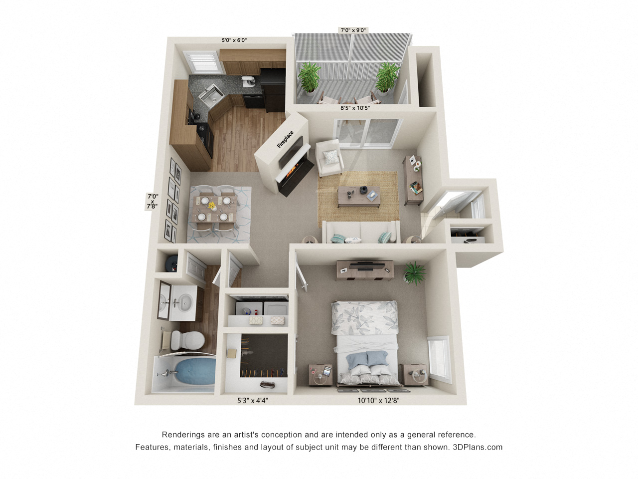 Floor plan for 1 bed, 1 bath, 773 sqft